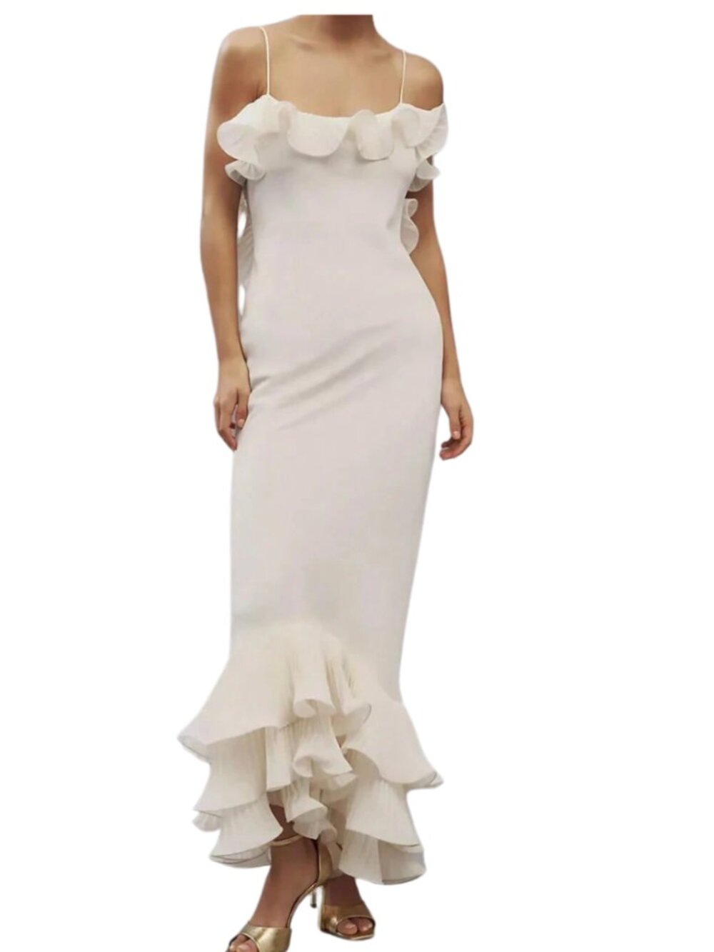 Cream Ruffle Trim Backless Mermaid Maxi Dress Boho Beach Vacation Party Sz M - Picture 2 of 10